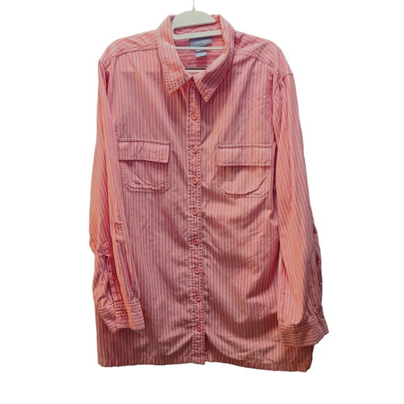 Liz & Me Womens Button Up Pink Size 22/24 100% Cotton Striped Roll-Tab Sleeve - Picture 1 of 13
